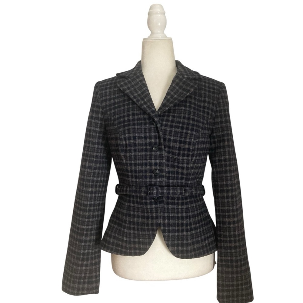 Reformation Mabel Jacket NWT Wool Blend Belted Blazer in Navy Check - Picture 3 of 12